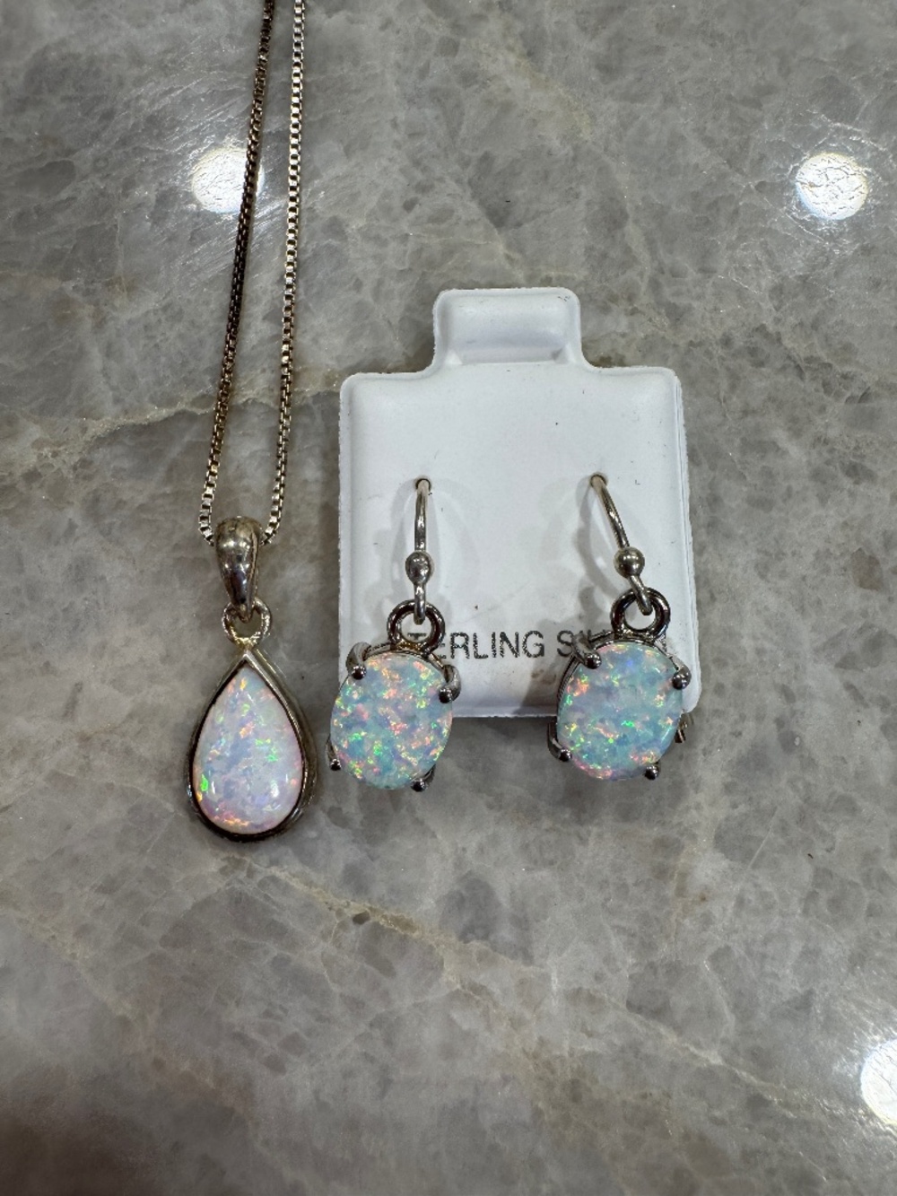 Sterling Silver Opal Tear Drop Necklace Dangle Earrign Set Made in Italy